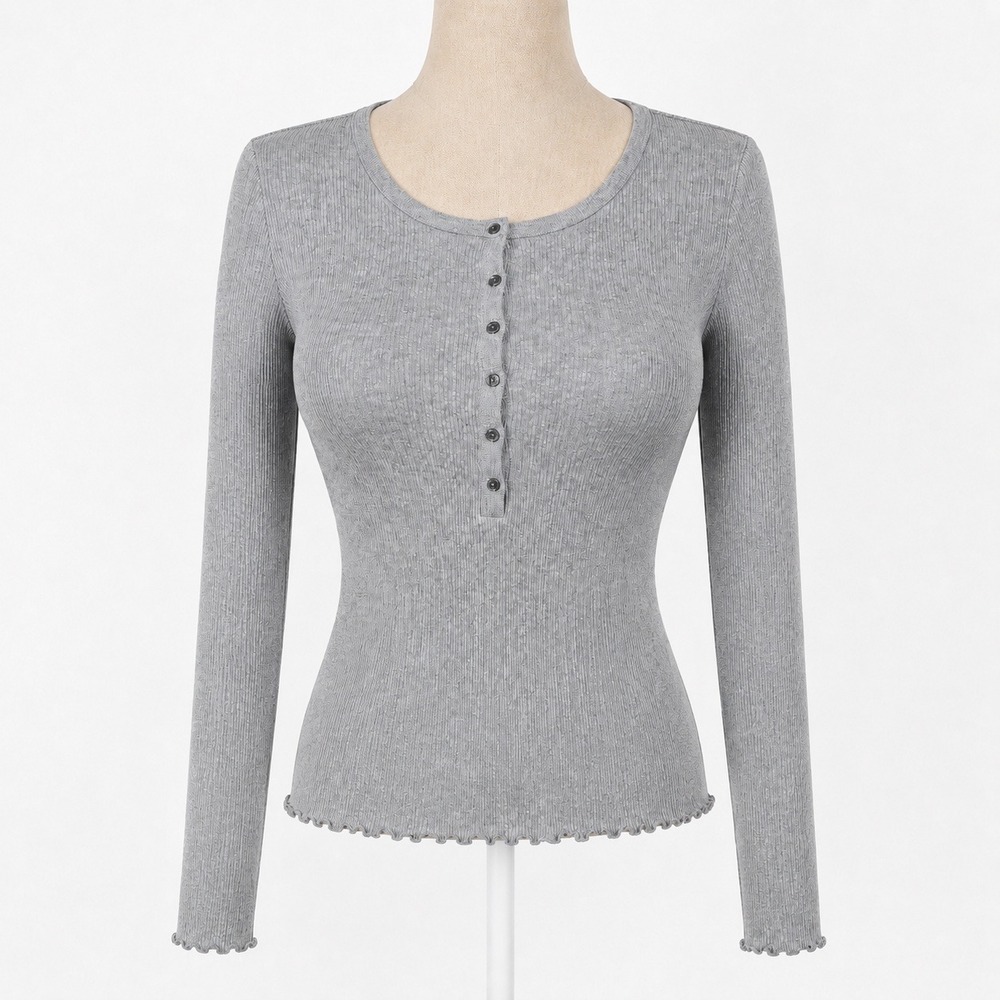 Y2K Ribbed Long Sleeve Henley Top Sz XS Gray Stretch Bella Elana Preppy Lettuce